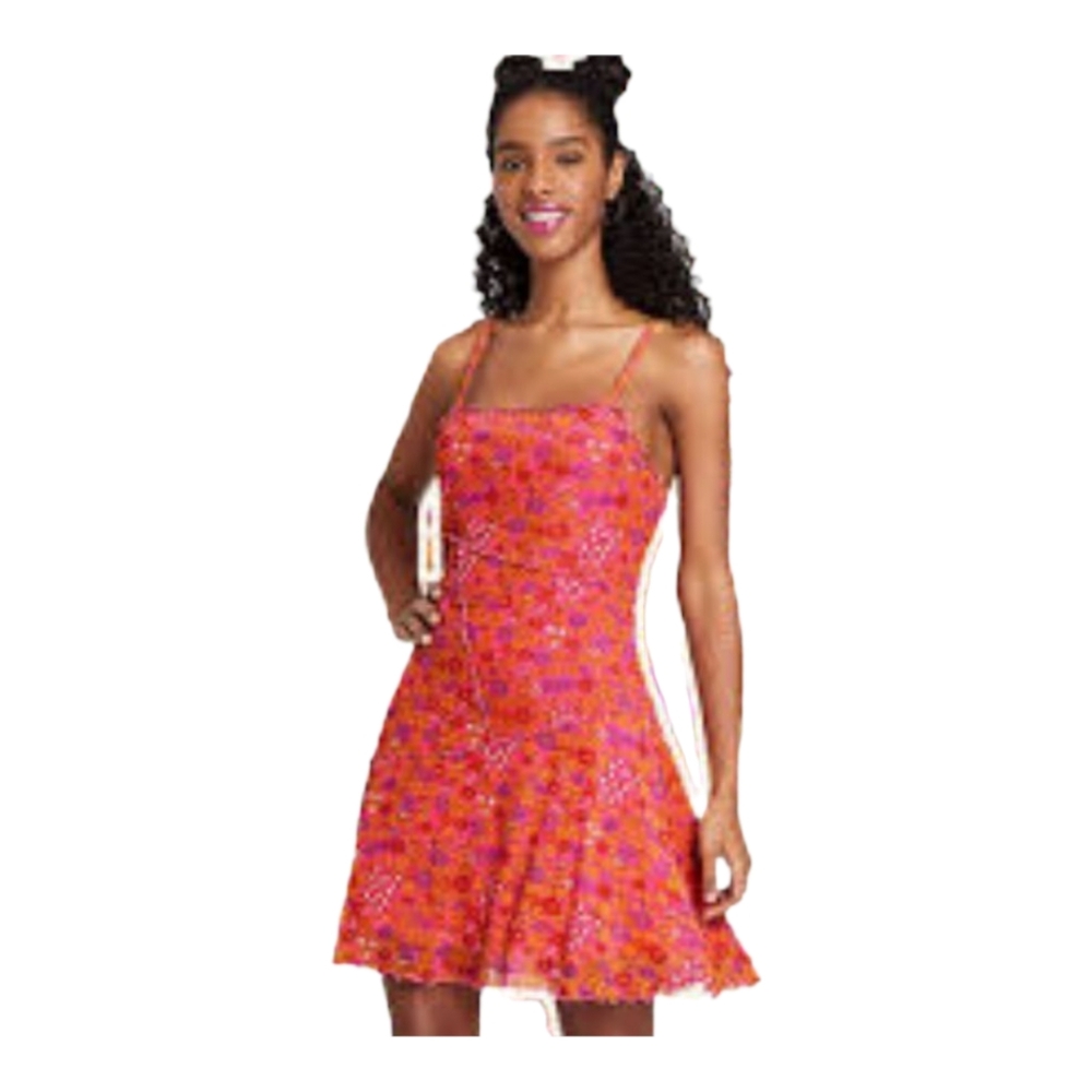 Wild Fable Pink Floral Mesh Stretch Mini Dress XL 16 18 Skater 60s Y2K Look